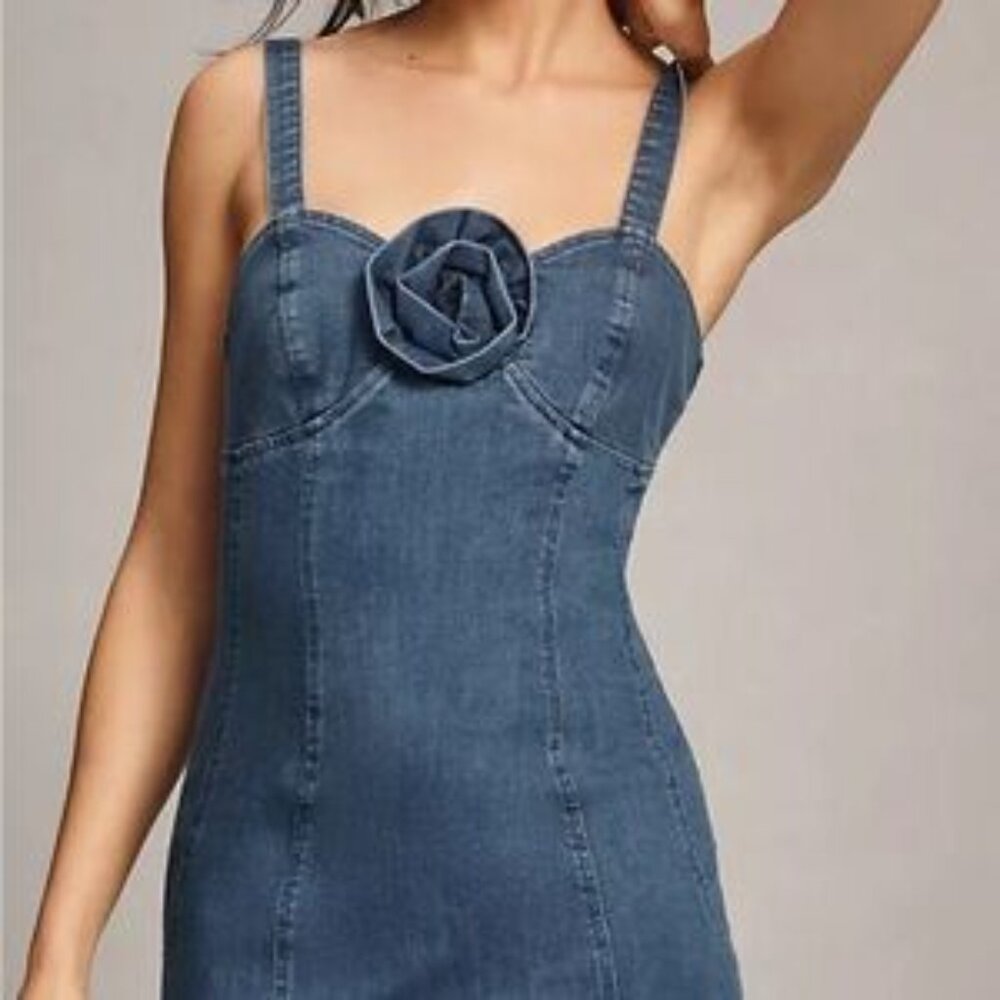 Anthropologie Y2K Inspo RARE PORRIDGE ROSETTE DENIM SLIM MINI DRESS Medium NWT - Picture 2 of 6